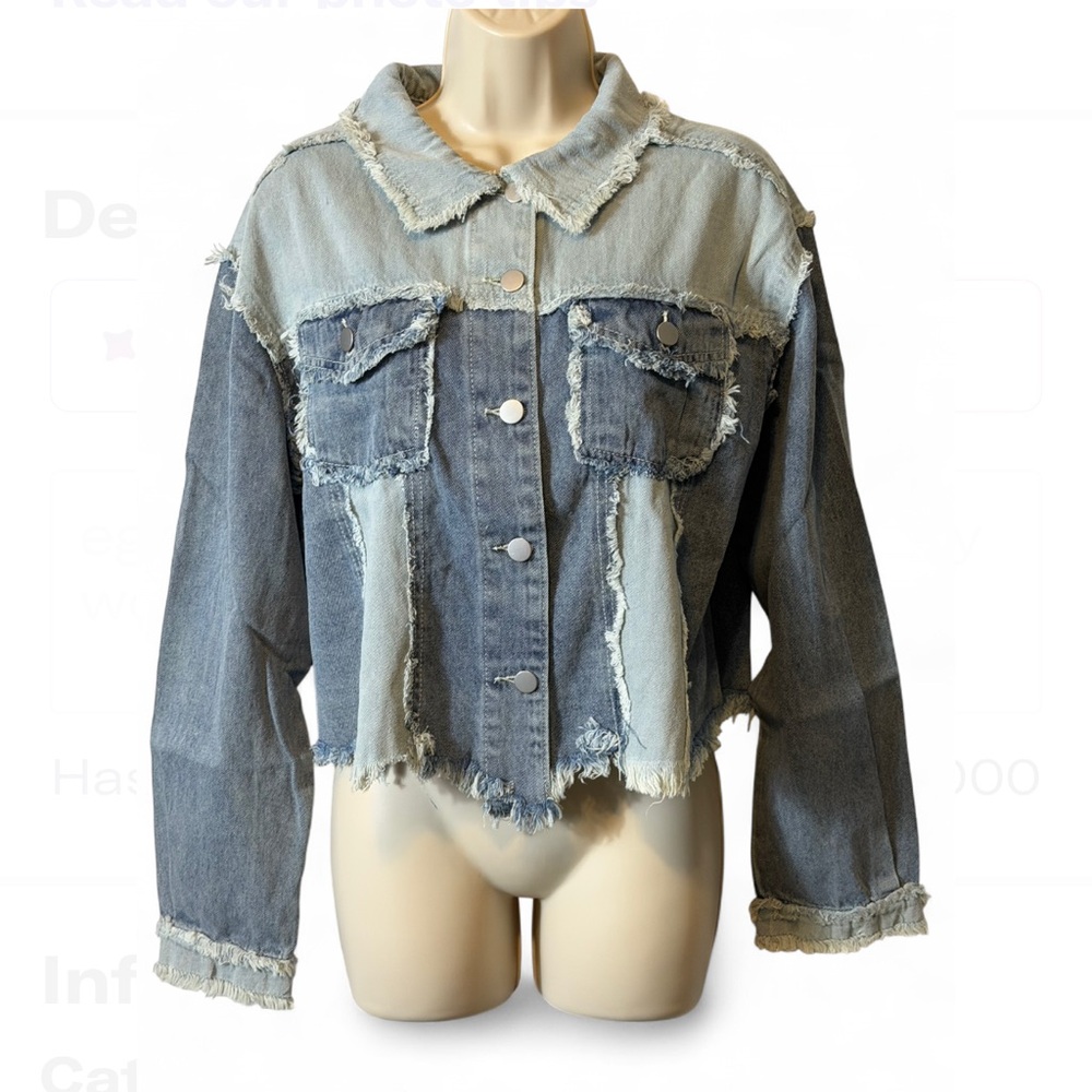 POL Cropped Mixed Wash Patchwork Denim Jacket, Women's‎ Size M